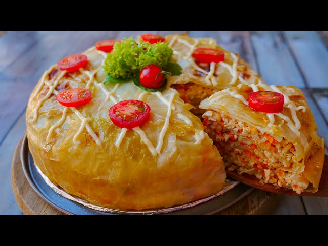 Ленивый пирог с капустой, рисом и куриным фаршем 